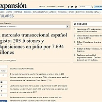 El mercado transaccional espaol registra 203 fusiones y adquisiciones en julio por 7.694 millones